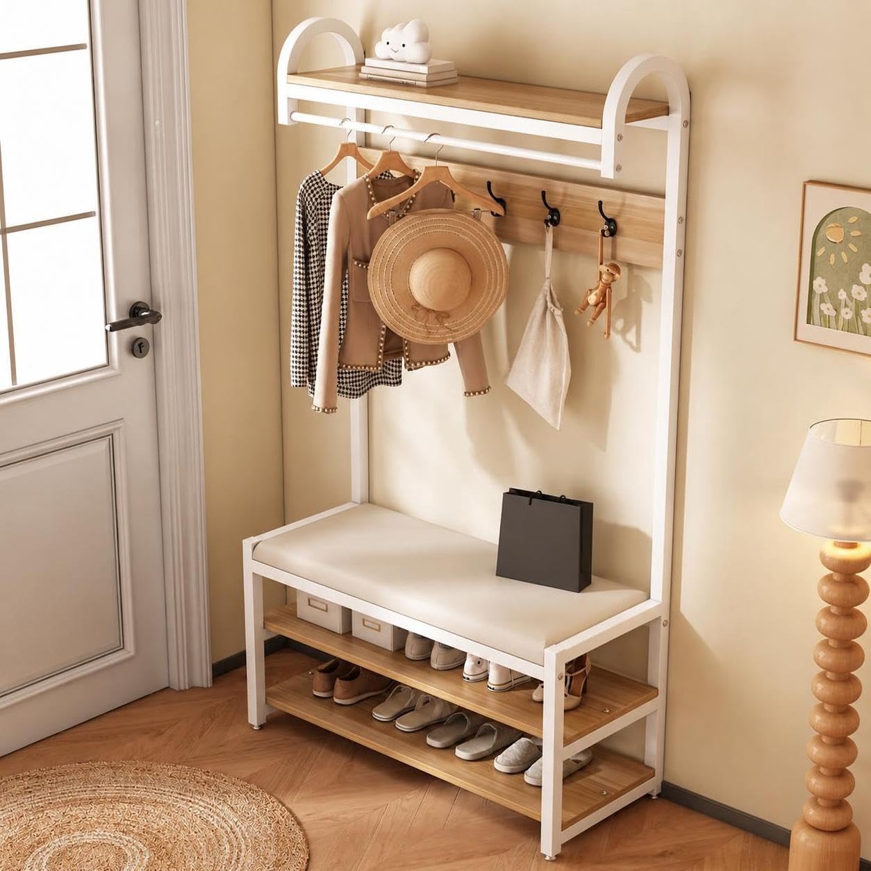 Árbol de Recibidor Multifuncional con Perchero, Zapatero y Banco Acolchado, Organizador de Entrada de Madera de Ingeniería para Recibidor y Sala de Estar, Mueble de Almacenamiento