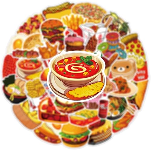 Miniatura 7 de Calcomanías de comida, 50 unidades, lindas calcomanías de comida rápida, chips de hamburguesa, deliciosas calcomanías estéticas impermeables para