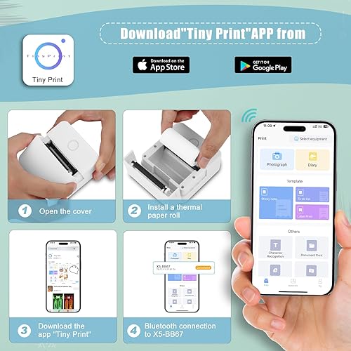 Miniatura 4 de Mini impresora Bluetooth de bolsillo, impresora térmica portátil con 10 rollos de papel para diarioálbum de recortes de