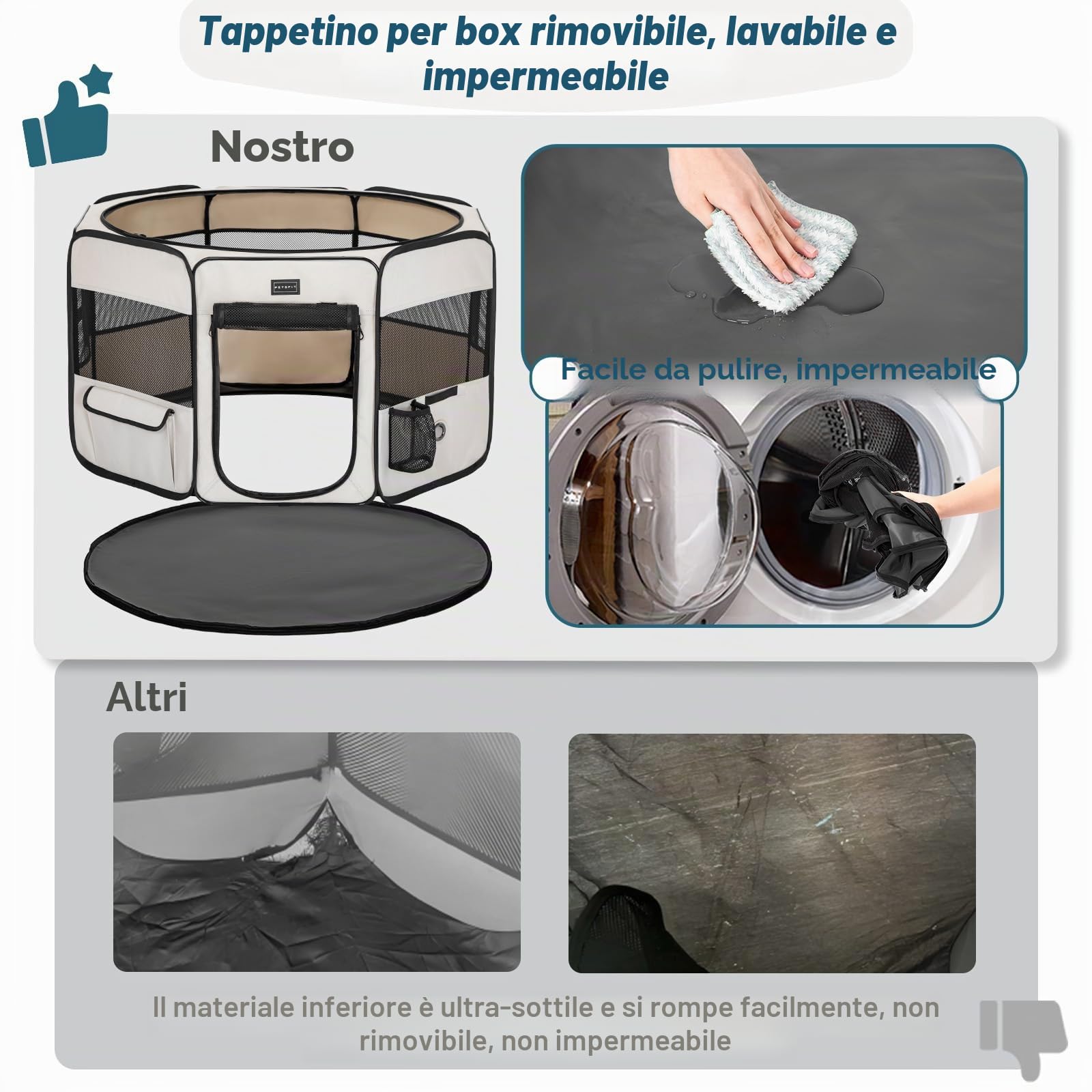 PETSFIT Recinto per Cani pieghevole, con Coperchio rimovibile, Cuccia per Animali con Pavimento impermeabile in Tessuto, Bianco, 116 * 106 * 70CM
