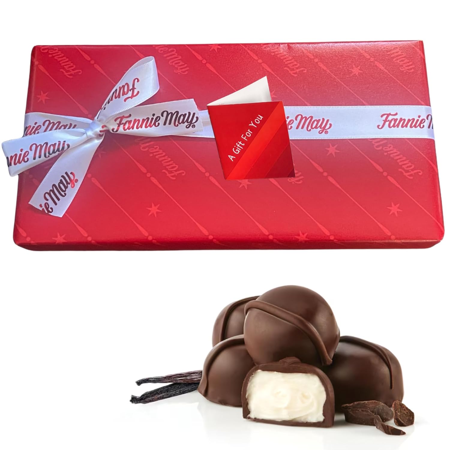 Fannie May Dark Chocolate Vanilla Buttercreams Signature Wrap - 1 lb. Box - Gift Basket with Gift Tag & Insulated Box
