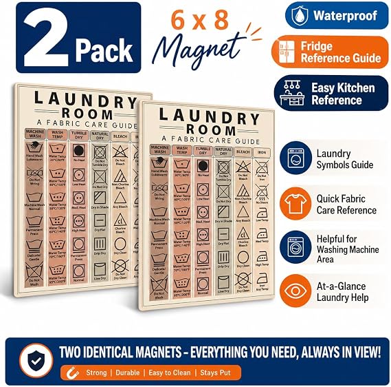 Laundry Symbols Guide Fridge Magnet 6x8 Washing Machine Reference Chart for Clothing Care, Home Organization & Fabric Care