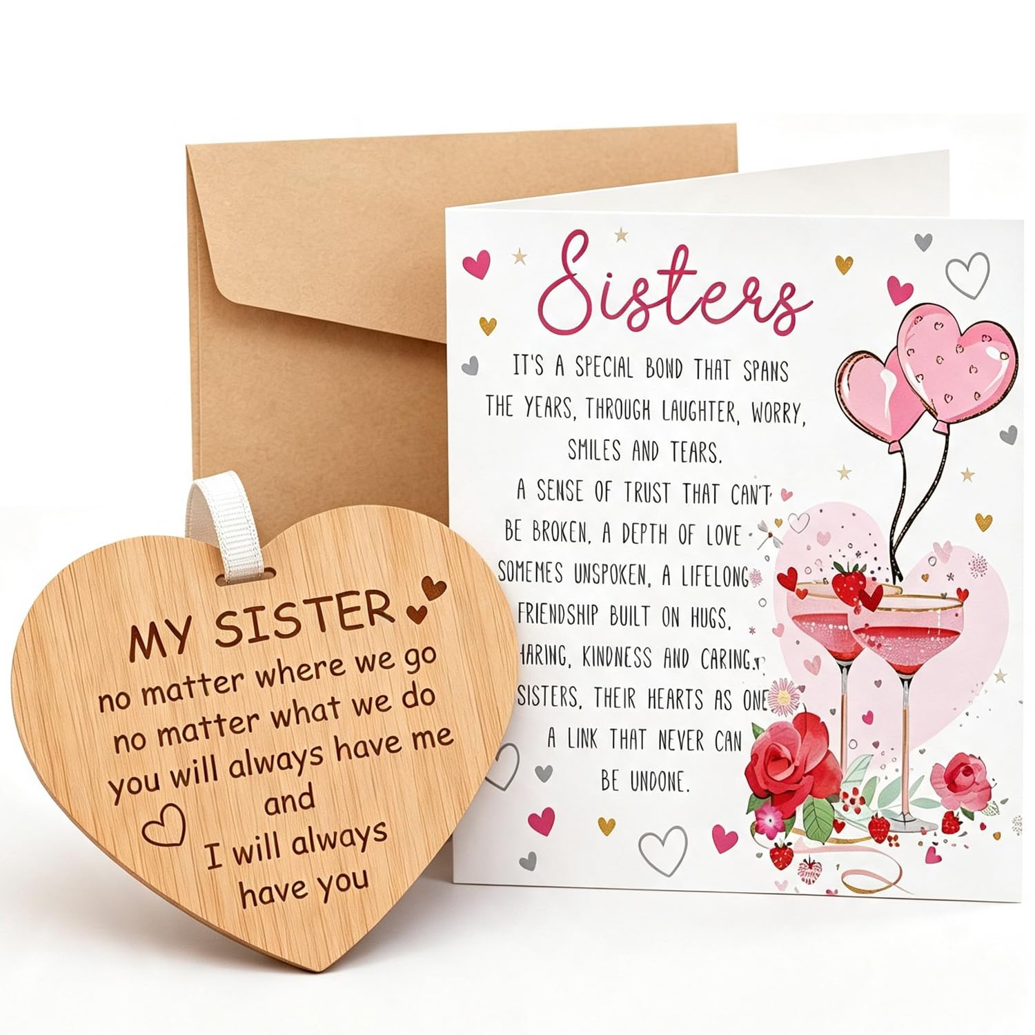 Sister Birthday Card with Envelope,Birthday Gift with Wooden Heart Keepsake