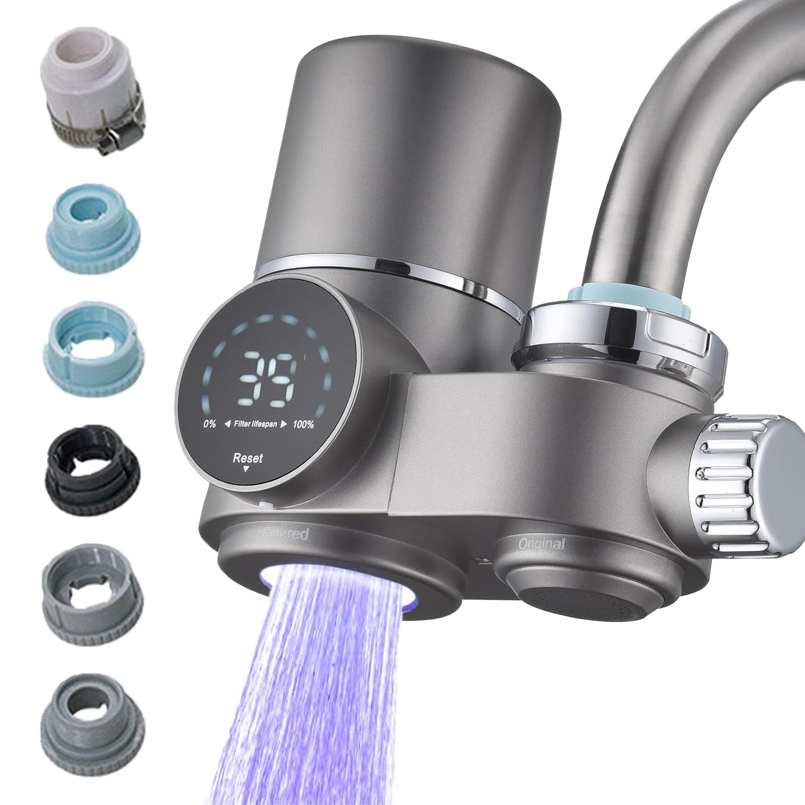 Filtro De Agua para Grifo con Pantalla Led, Indicador De Temperatura Y Vida del Cartucho, Luz UV Azul, Doble Cartucho Filtrante, 6 Adaptadores, Purificador para Cocina 15-25mm Silver