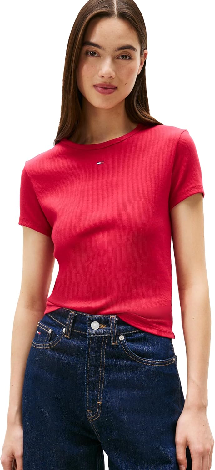 Tommy Jeans Womens Ribbed Graphic Tee with Embroidered Flag Detail