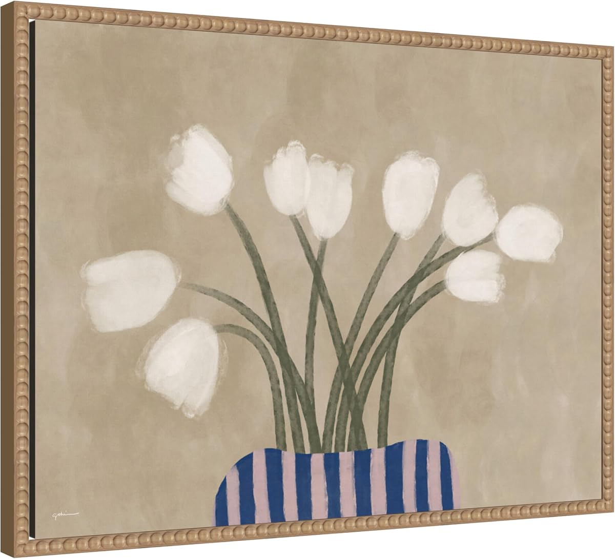 Kate and Laurel Lienzo enmarcado para pared, diseño de tulipanes blancos de Gabrielly Guedes, marco natural rústico con cuentas Sylvie de 24 x 18, contemporáneo moderno, arte floral para decoración de pared