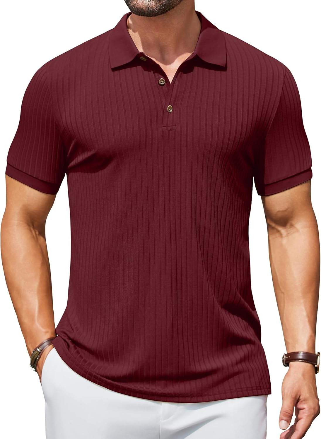 COOFANDY Men's Textured Polo Shirts Short Sleeve Slim Fit Casual Button Polo T-Shirt Summer Collared Golf Shirt