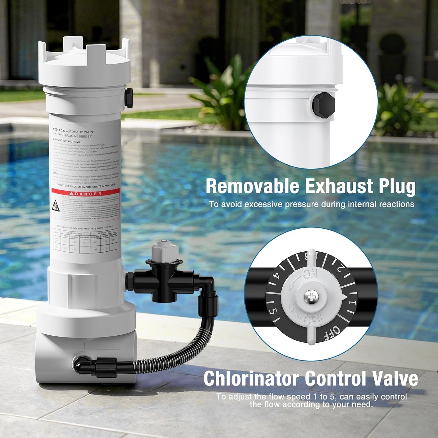 320 Automatic in-Line Pool Chlorine/Bromine Feeder for In-Ground & Above Ground Pools and Spas, Adjustable Flow Control for Max 70000 Gallons, Replacement R171096 R17-1096