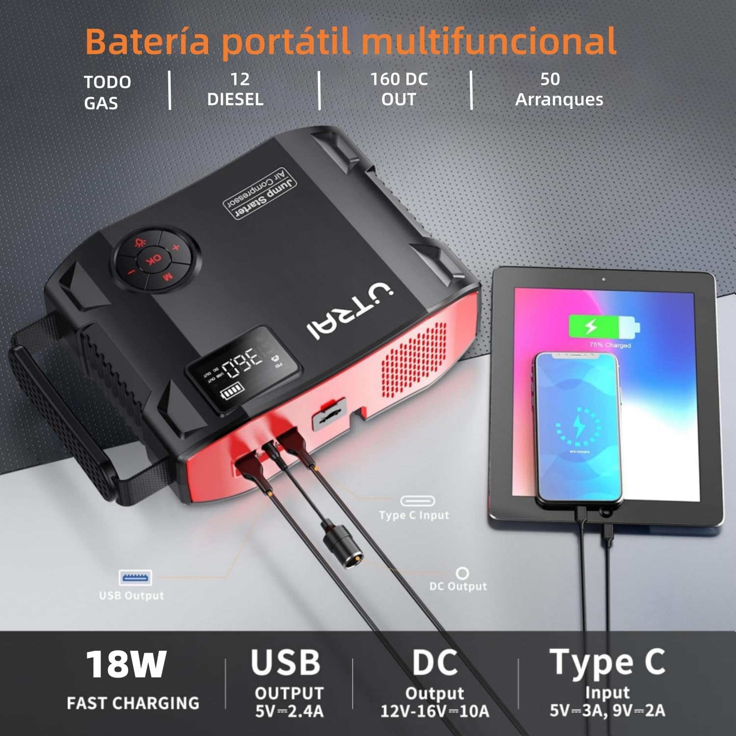 27000mAh Arrancador de Baterías de Coche con Compresor de Aire/18W Carga Rápida/Luz LED de 1600 lúmenes/160W DC out/Pantalla LCD/Carga rápida 3.0(All Gas o 12L Diesel) UTRAI 8000A Jump Starter