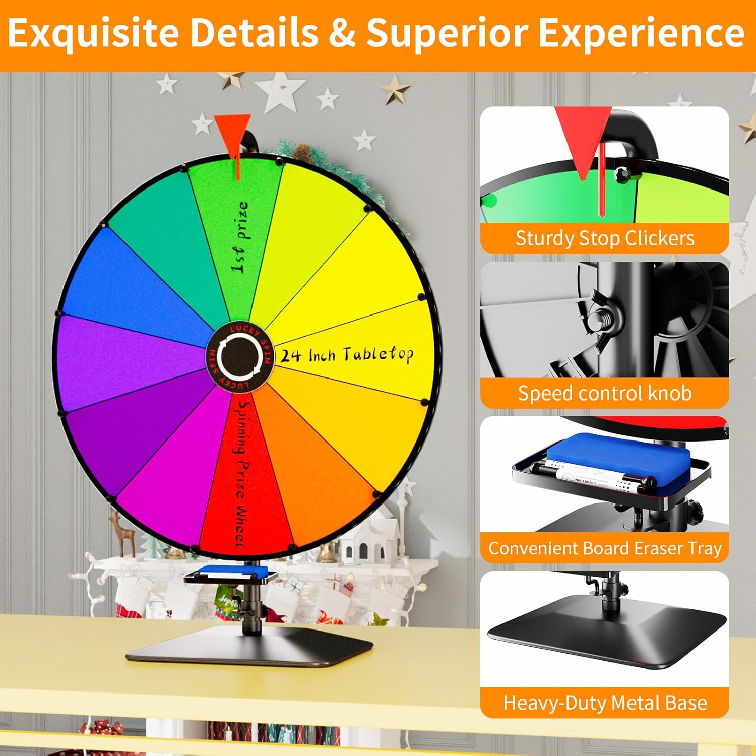 24 Inch Prize Wheel, Tabletop Spinning Wheel for Prizes, Prize Wheel Spinner with Stand & 12 Slots & Dry Erase & Eraser for Party, Carnival, Trade Show, Spinning Game