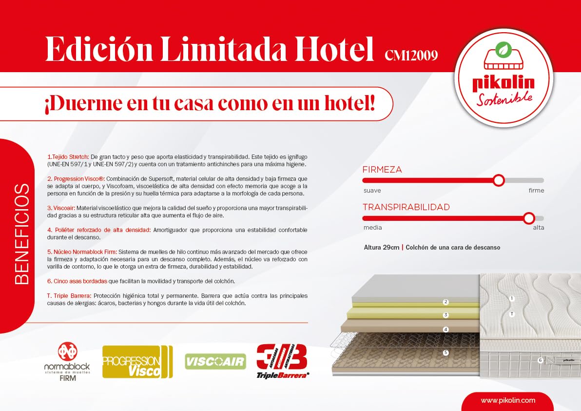 PIKOLIN Colchón Sostenible Muelles Confort Hotel Cinco Estrellas | 29 cm | Edición Limitada 75 Aniversario | Firmeza Progresiva | Retirada de Usado Incluida | Protección Triple Barrera | 135x190