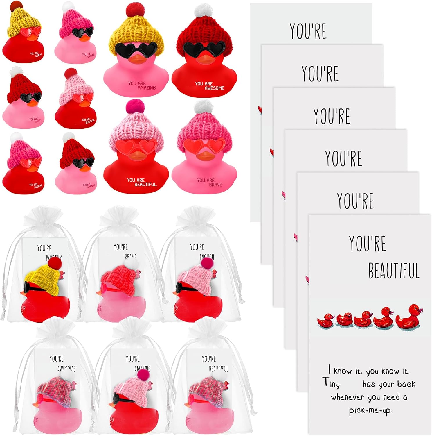 Liliful 2 Inch Rubber Employee Appreciation Gift Ducks Bulk with Hats Glasses You Are Awesome Sign Card for Staff Team Coworker Friends(108 Sets,Colorful)
