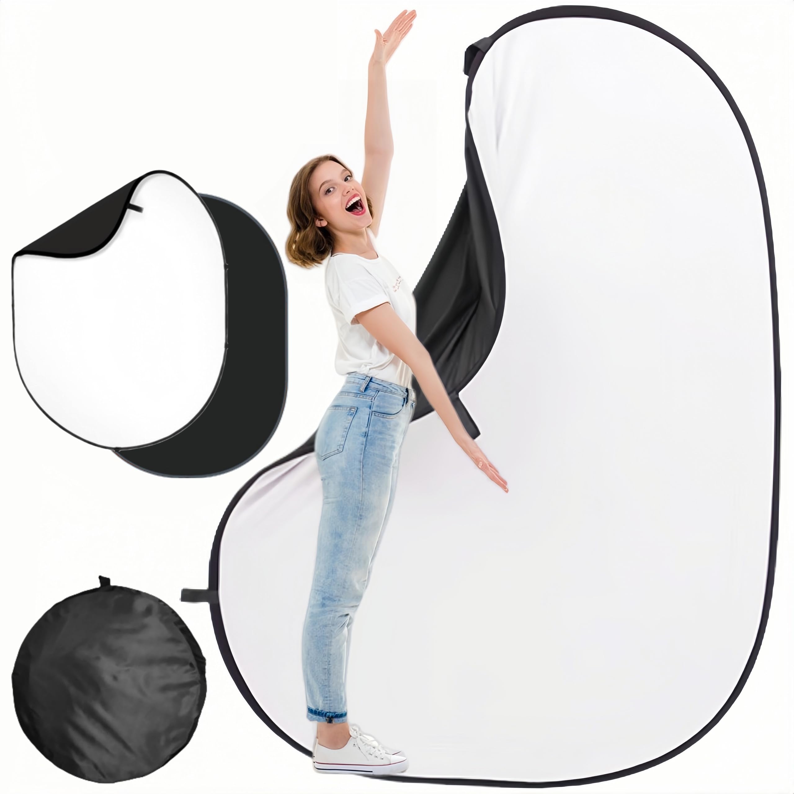 5 * 6.5 Ft Collapsible Backdrop Black White Pop Up Screen with Carrying Bag, Double Sided Foldable Backdrop Portable Background for Photography Auditions Headshots Gaming Streaming Video Calls