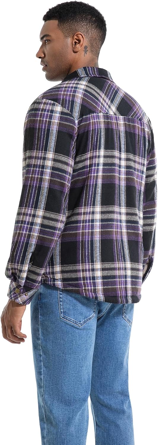 Men's Sherpa Lined Cotton Flannel Shirt Jacket Plaid Button Up Jacket Coat for Men with Pocket - Image 5
