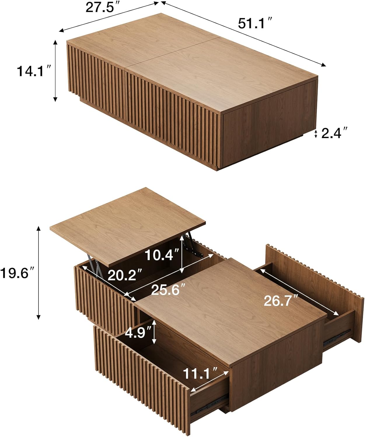 51.1" Mid-Century Modern Lift Top Coffee Table, Walnut Rectangular Center Table with Hidden Storage & Drawers, for Living Room, Apartment, Office