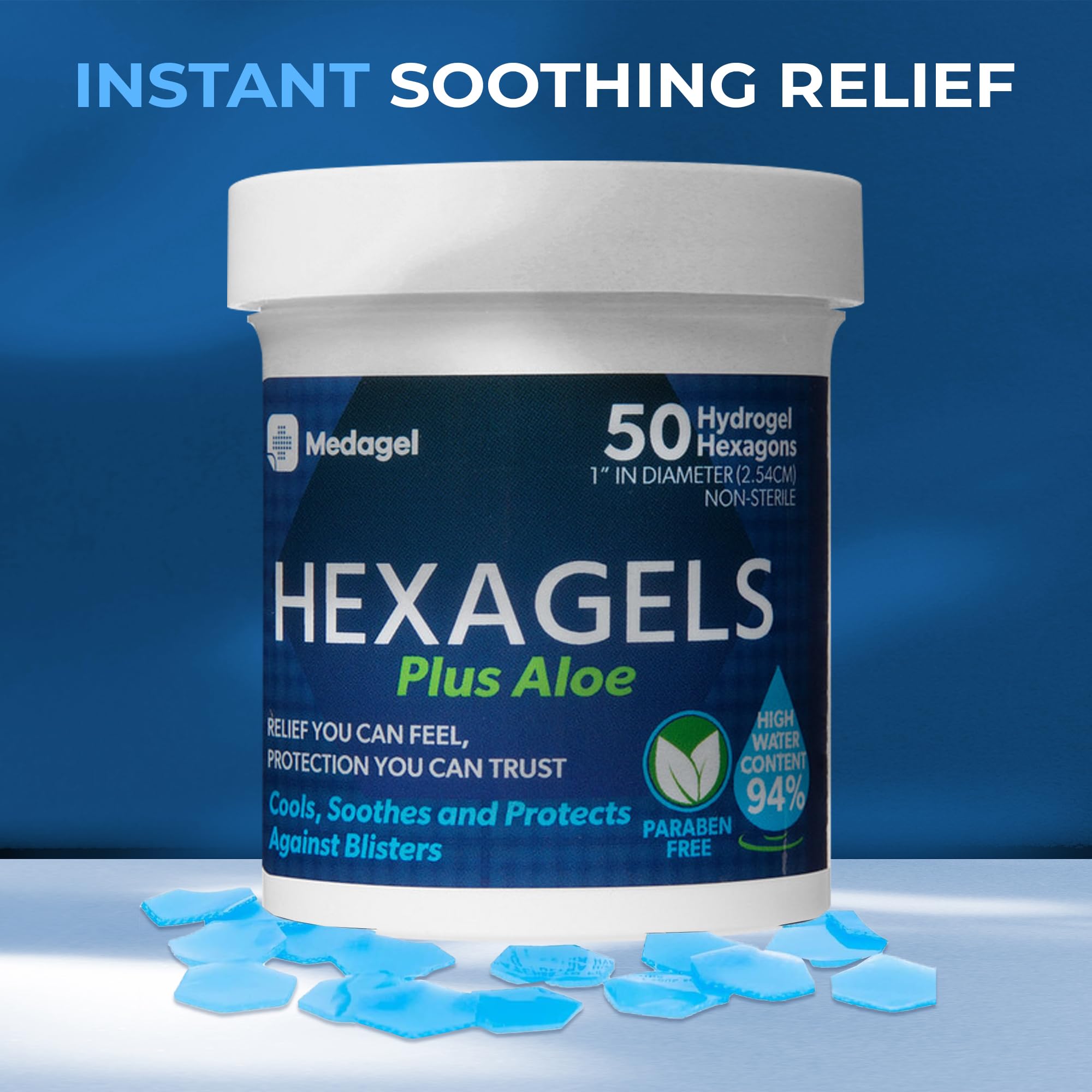 Medagel Hexagels Plus Aloe Vera - Advanced Healing Hydrogel Pads for Blister Prevention & Soothing Burn Care - Foot, Heel, Toe, & Ankle Protection, Pack of 50, 1-Inch Patches, Paraben Free Formula — Amazon image 2