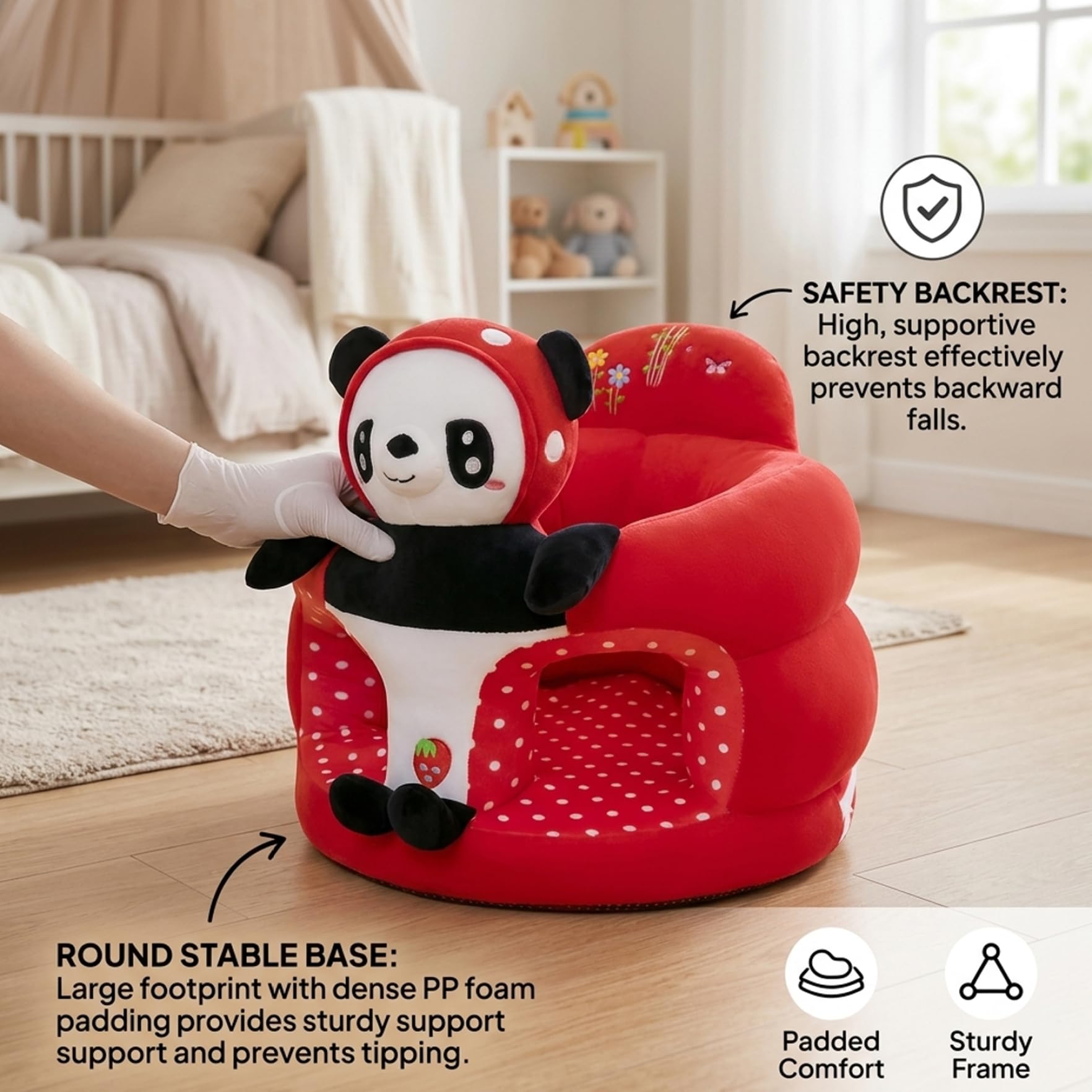 Sedia da seduta per neonati, supporto sicuro per la schiena Seggiolino da pavimento per neonati Sedia da seduta in morbido peluche, simpatico panda (40x40x35 cm)
