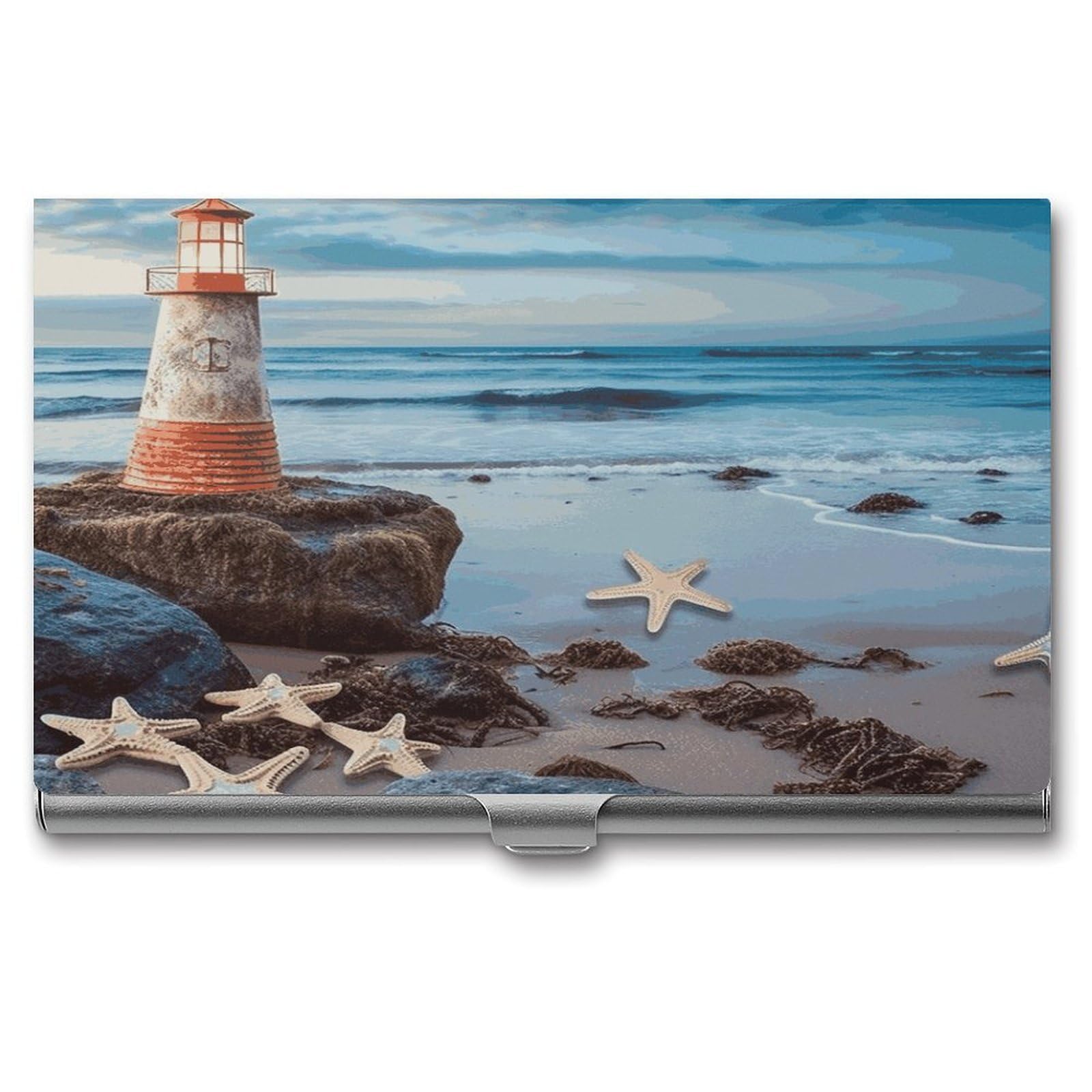 LDGSUPH Starfish Lighthouse Beach Business Card Holder Fashion Slim Name Card Holder Minimalist Design Case Metal Card Carrier Personalized Business Card Case with Flip for Men Women