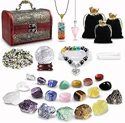 Conjunto de cristais de cura com 28 peças de kit de cristais reais e pedras de cura, cristais energéticos para iniciantes meditação, ioga, 14 cristais naturais e 7 pedras de chacra cruas, bola de