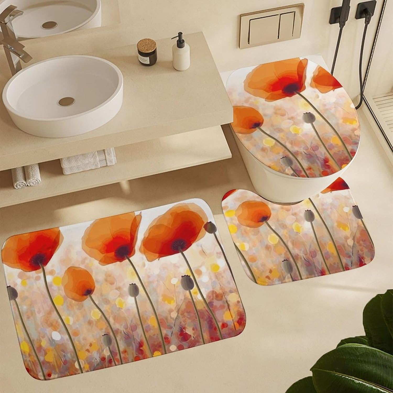 Red Flowers Shower Curtain Set 4 Piece, Non-Slip Bath Mat with Toilet Lid Cover and Waterproof Shower Curtain with 12 Hooks, Complete Bathroom Set for Home Decor