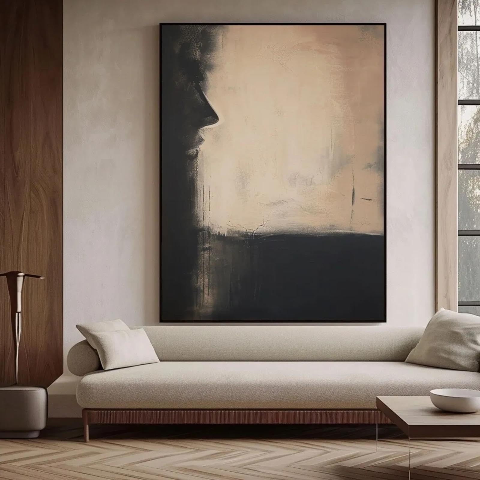 Decoración minimalista negra con cuadro Wabi-Sabi y lienzo abstracto medieval 80x120 cm