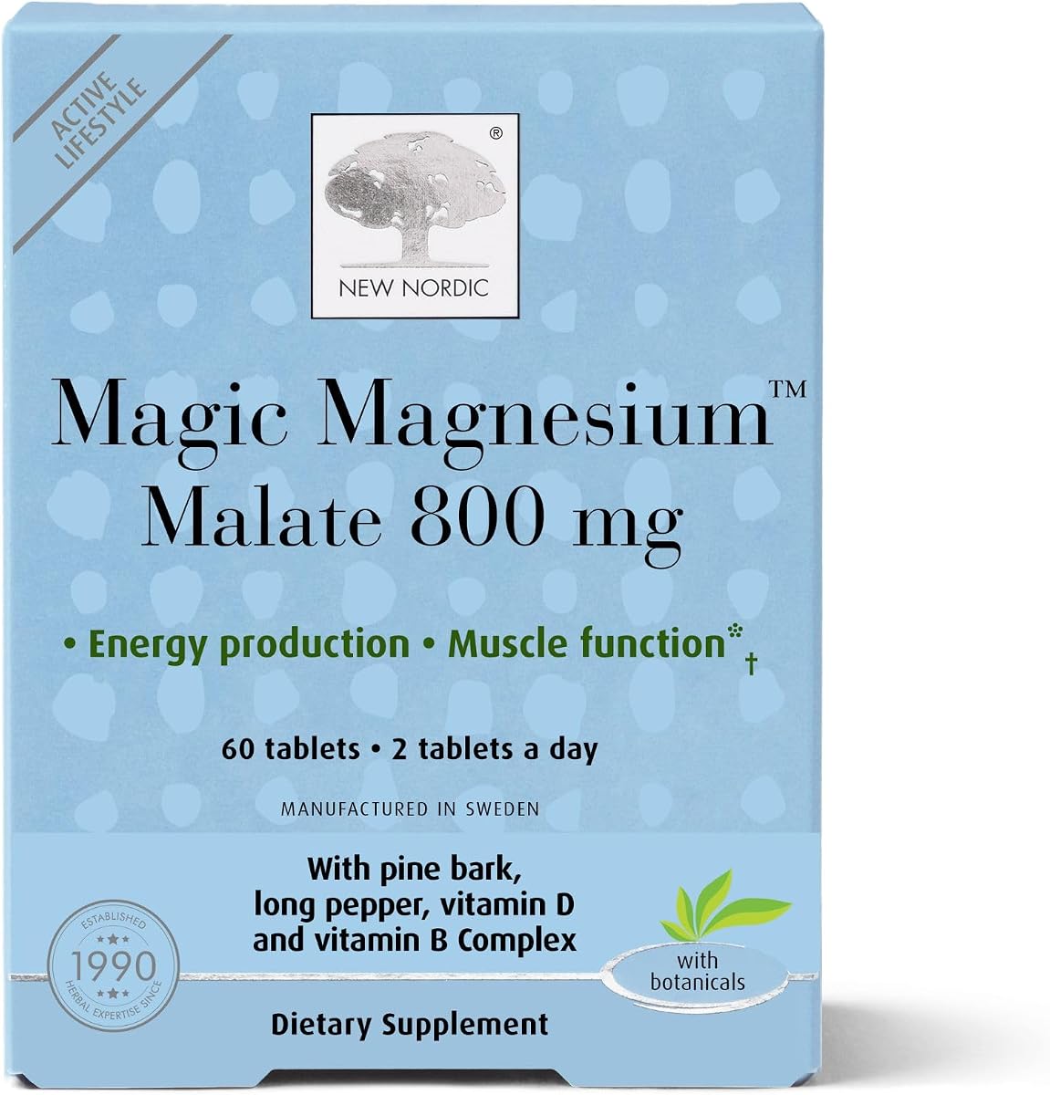 New Nordic Magic Malato de Magnesio, 800 mg Tabletas de Máxima Absorción con Corteza de Pino y Vitaminas B, Producción de Energía y Función Muscular para Mujeres y Hombres, 60 Tabletas