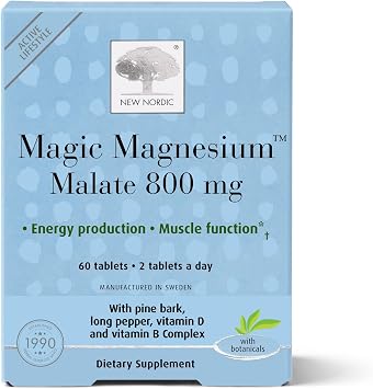 New Nordic Magic Magnesium Malate, 800 mg Maximum Absorption Tablets with Pine Bark & B-Vitamins, Energy Production and Muscle Function for Women & Men, 60 Tablets