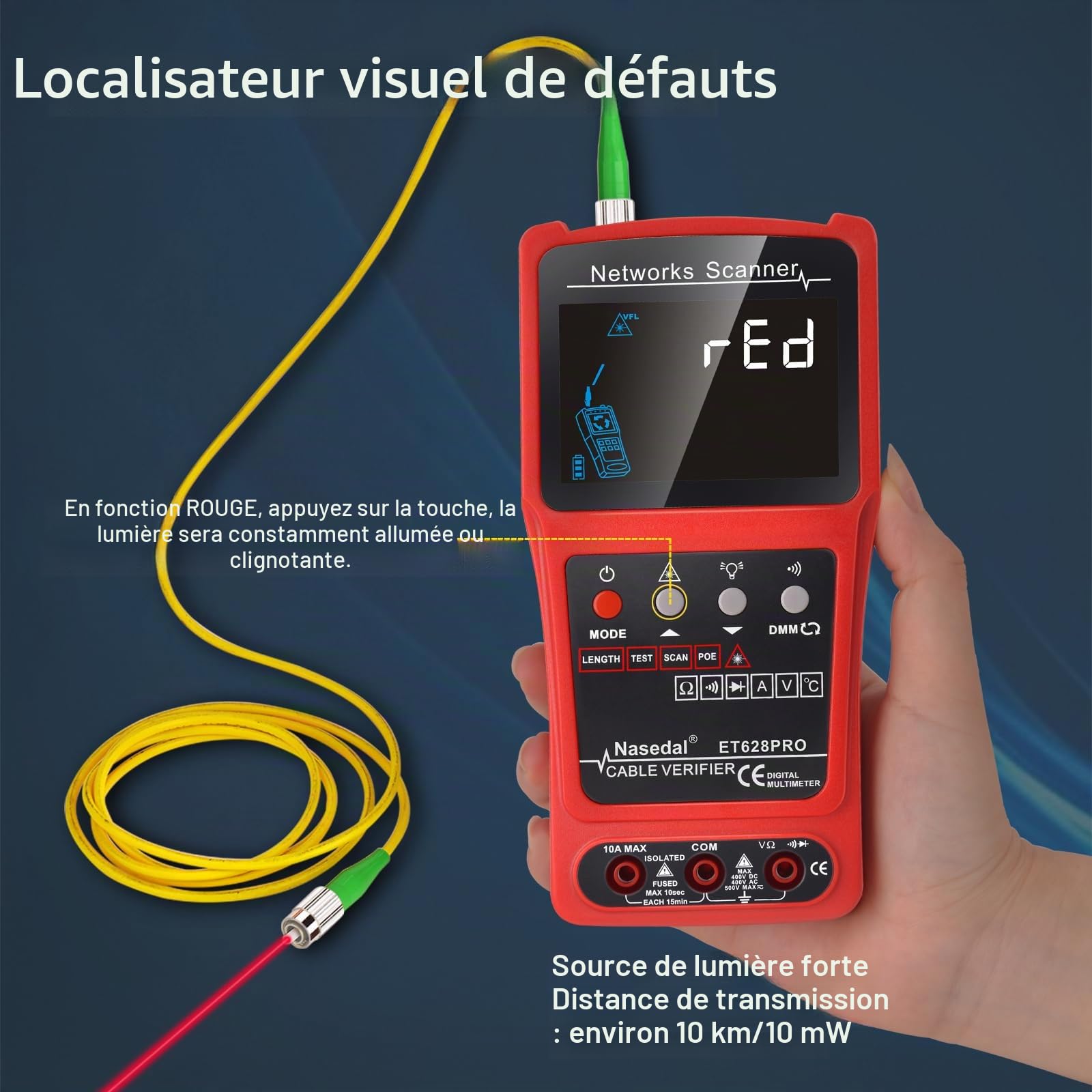 Network Cable Testeur de fil Tracker Générateur de tonalité Ethernet Testeur Multimètre VFL 3 en 1 RJ45 CAT5 CAT6 CAT7 CAT8 RJ11 Tone BNC Testeur PoE Câble Longueur (ET628 PRO)