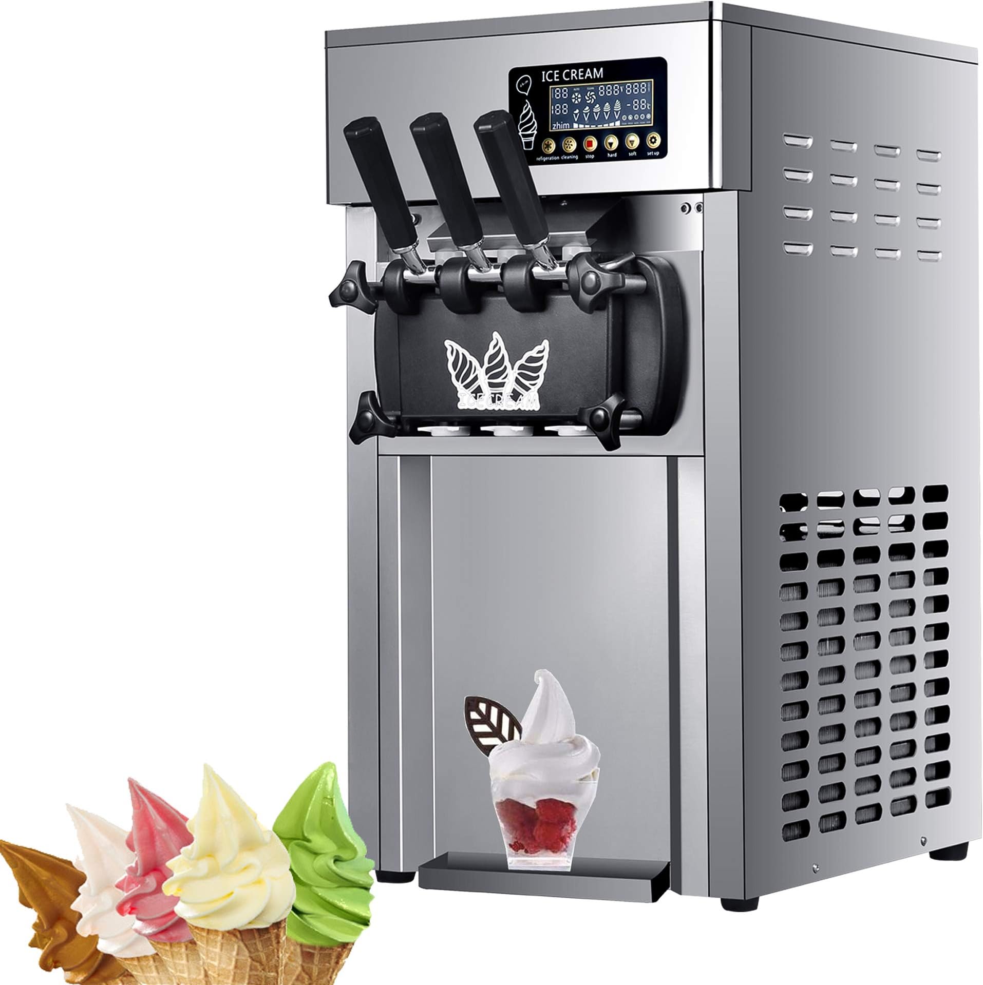 Commercial Soft Ice Cream Machine,1200W Electric Ice Cream Maker,3 Flavors Ice Cream Maker,Auto Clean LCD Panel,1.8Lx2 Freezing Cylinder,for Restaurants Dessert Shops, Coffee Shops, 18L/H