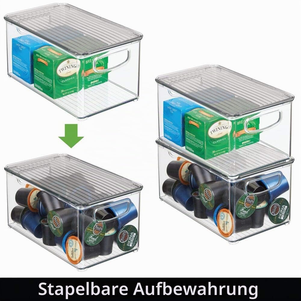 mDesign 4er-Set Aufbewahrungsbox mit Griffen – Kühlschrankbox mit Deckel zur Lebensmittelaufbewahrung – Ablage aus BPA-freiem Kunststoff für den Küchen- oder Kühlschrank – durchsichtig und grau