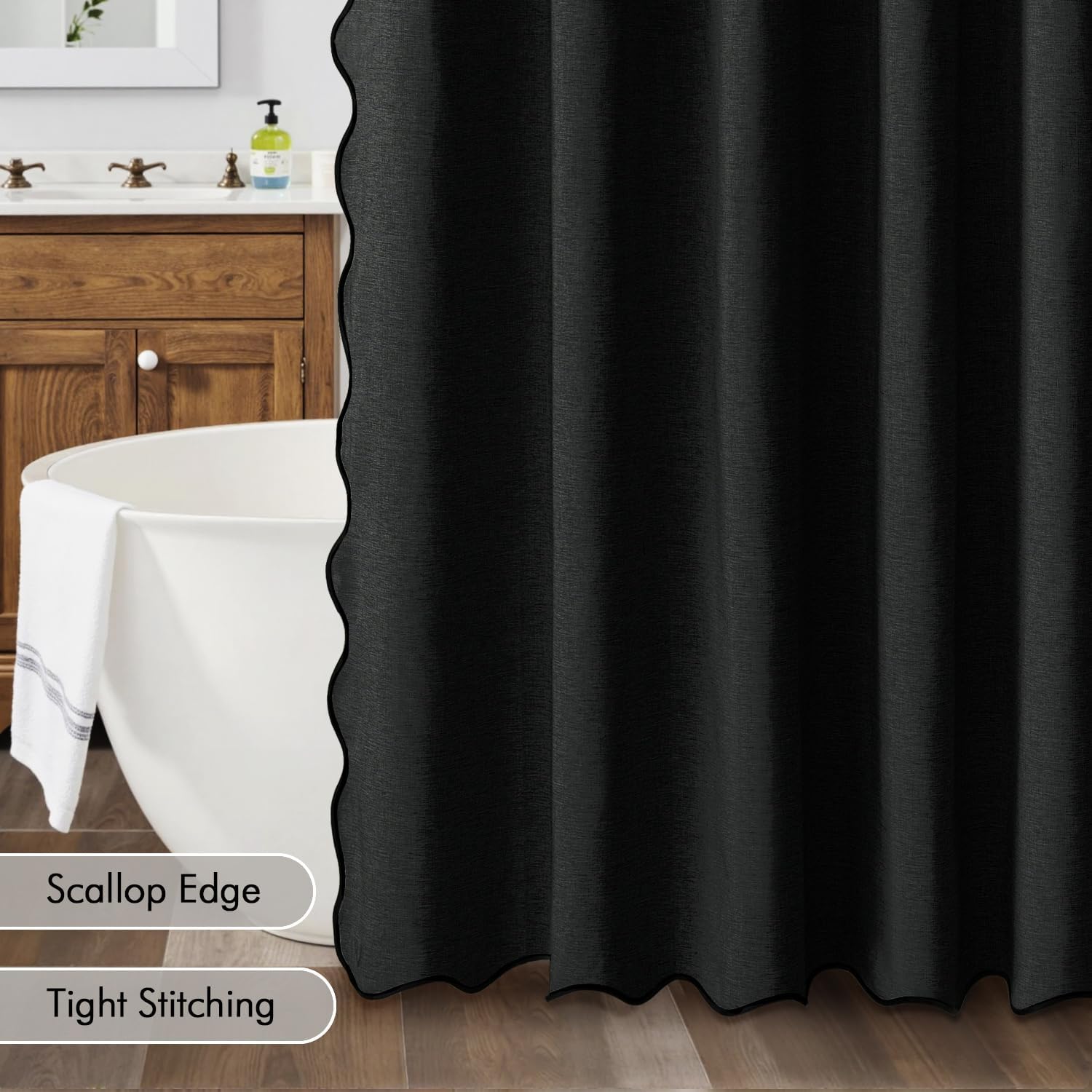 MIULEE 96" Long Scalloped Shower Curtain Linen Textured with 12 Metal Hooks Cute Extra Long Heavy Duty Washable Waterproof Cloth Shower Curtains with Black Border for Bathroom Hotel Bathtub,Black