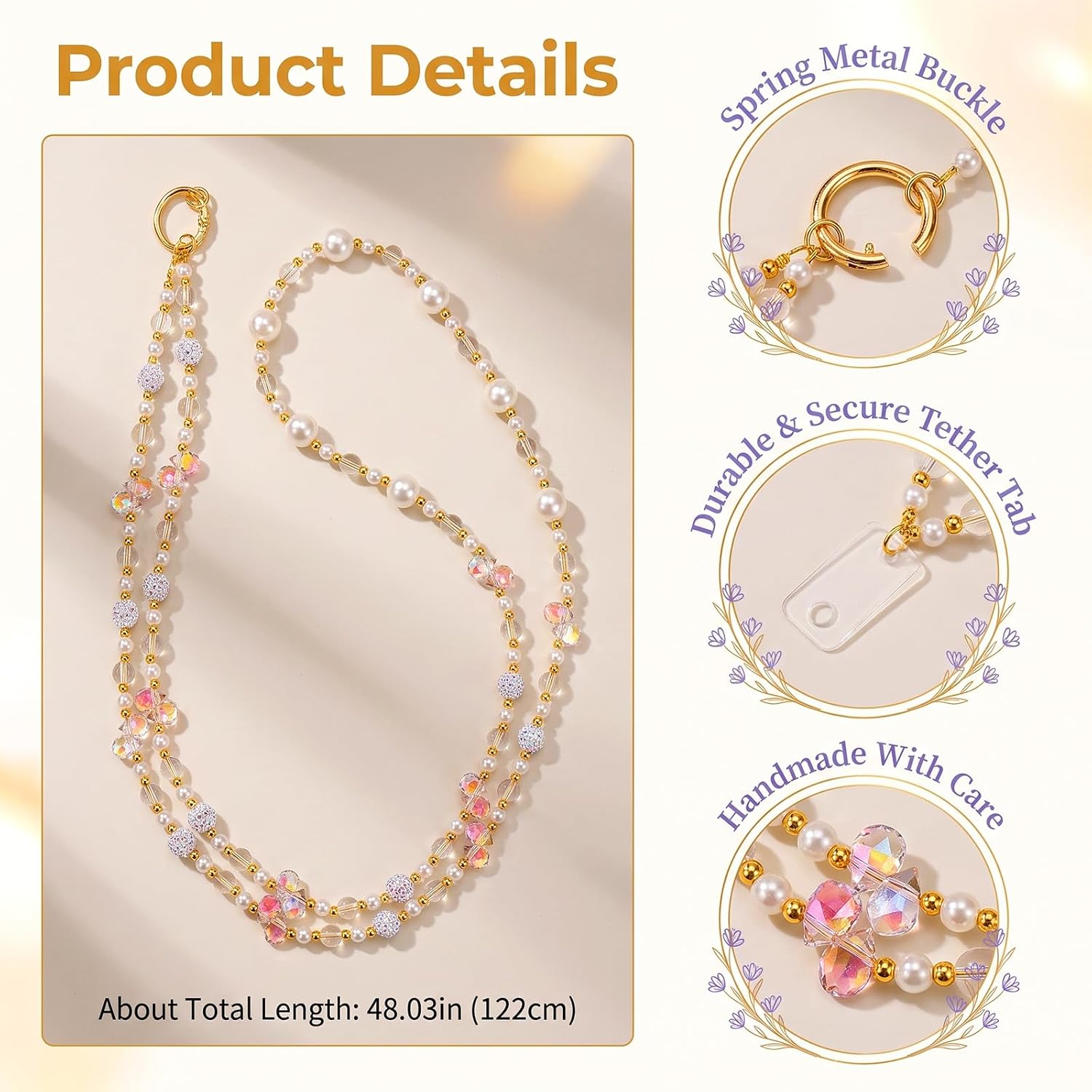 Crossbody Phone Lanyard Crystal Cell Phone Strap with Beaded Chain image 2