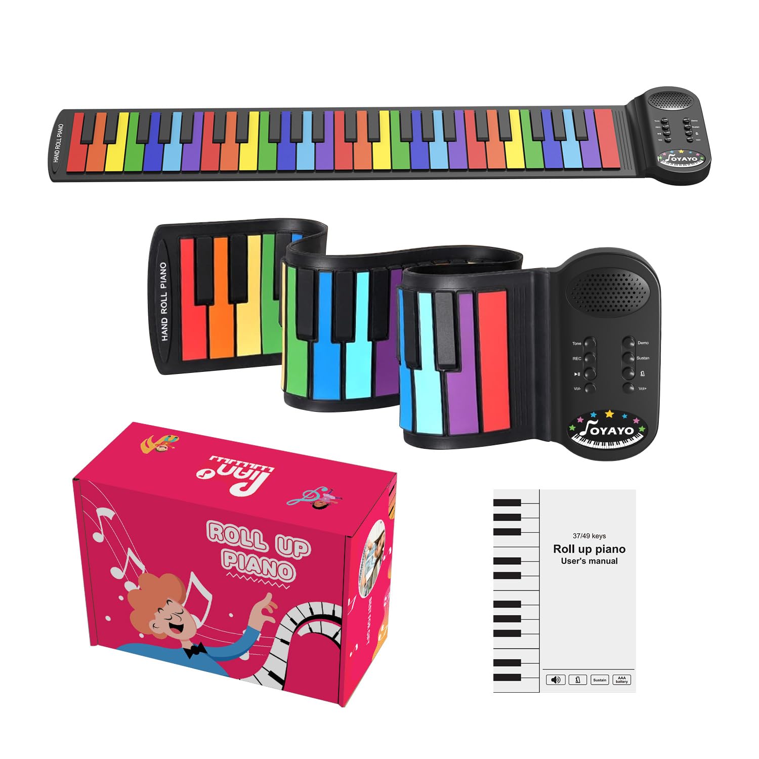 49 Tasten Roll up Faltbares Piano Klavier für Anfänger, Regenbogen Electronic Keyboards mit 8 Töne 6 Demos, Wiederaufladbar Silikon Mini Klavier mit Aufnahme Monitor modus