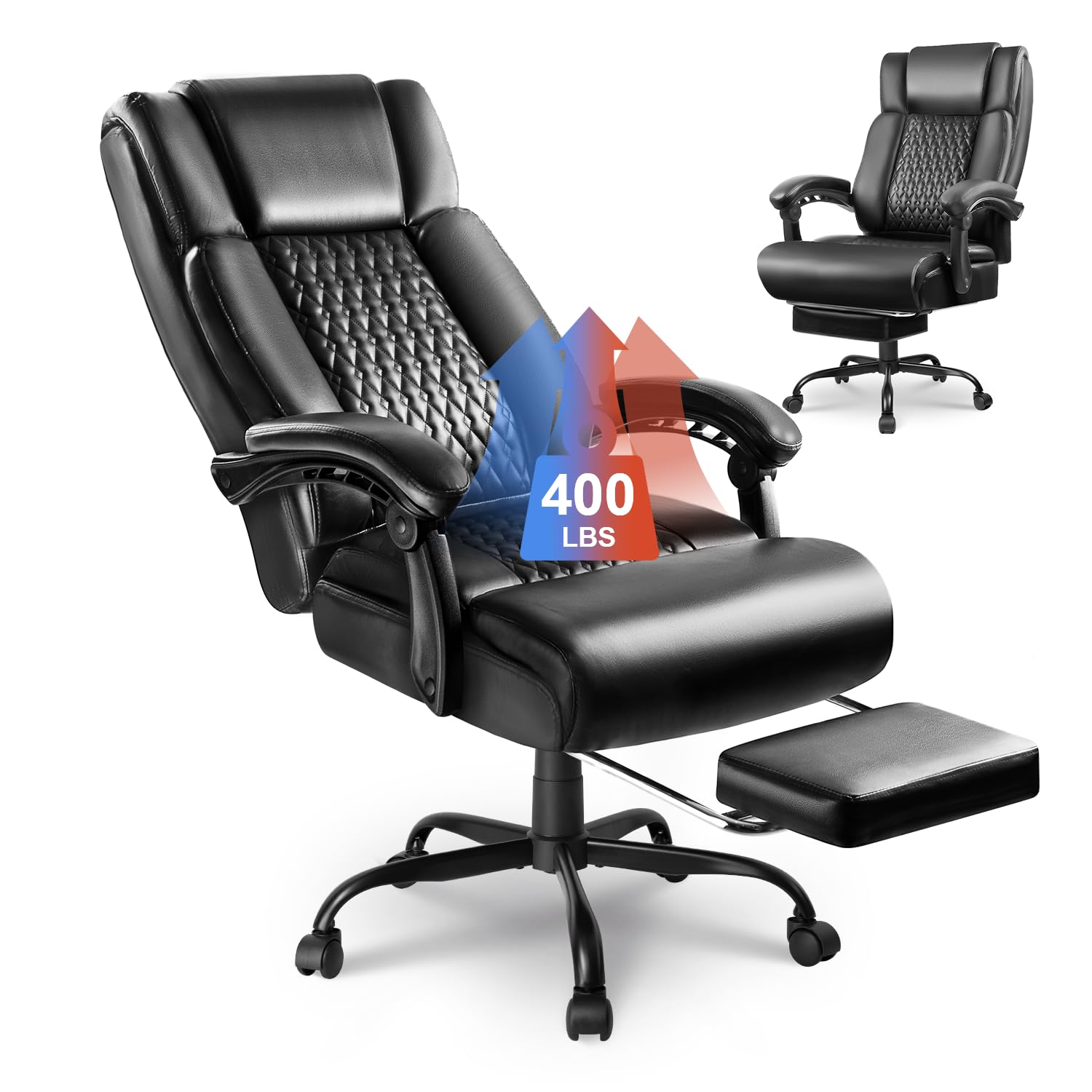 TAVATA Big and Tall Office Chair with Foot Rest Heavy Duty 400lbs, Ergonomic High Back Executive PU Leather Computer Desk Chair, Lumbar Support &