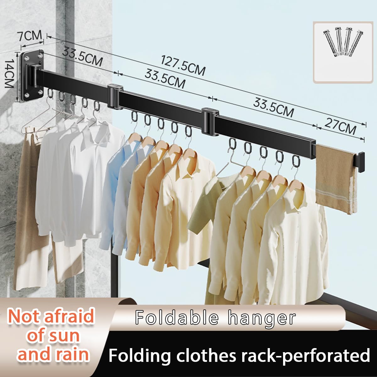 Wäscheständer Wandmontage 128cm - Platzsparend 3-Fach Faltbar, Ausziehbar Kleiderstange mit Verlängerungsstange, Wandwäschetrockner mit 15 Haken für Waschküche, Balkon, Wohnung, Schlafzimmer