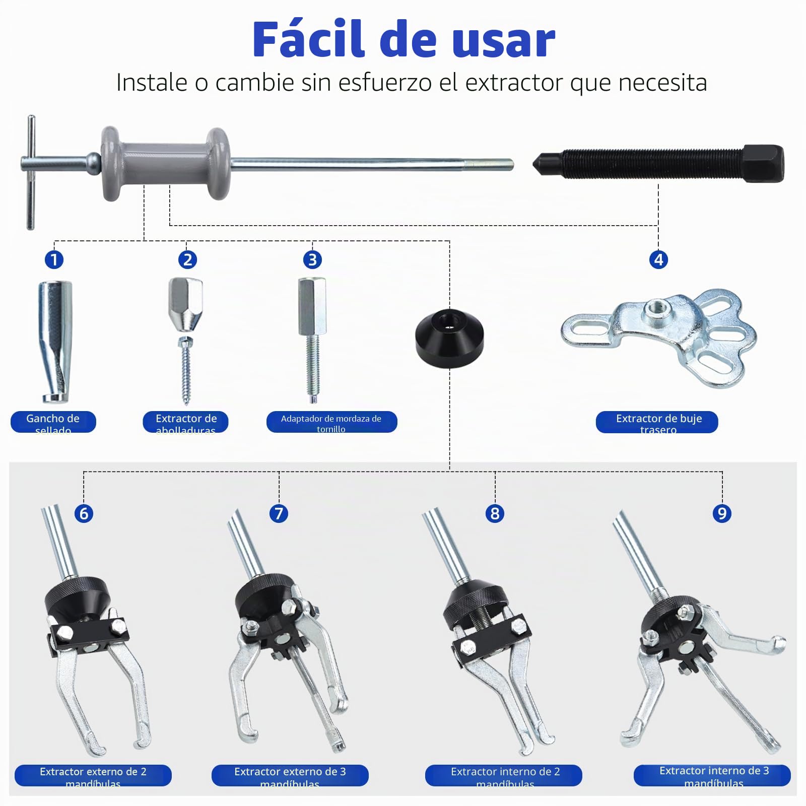 FreeTec 8 en 1 Extractor de Martillo Inercia, Extractor Bujes y Rodamientos con Martillo Deslizante, Extractores Buje Trasero, 3 Garras Extractores Rodamientos Internos, Extracción Abolladuras Coche