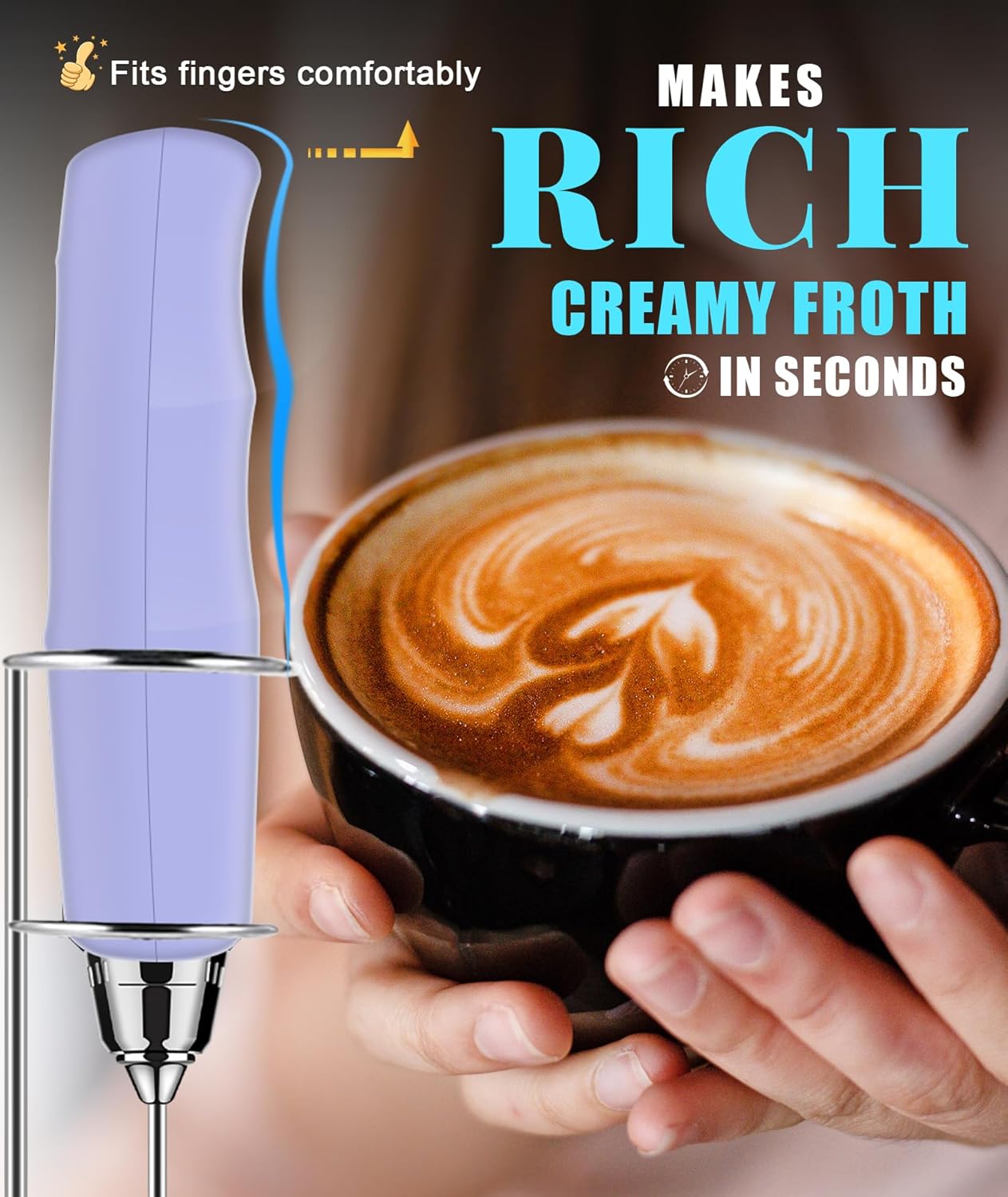 Nahida Purple Milk Frother with Stand & Black Frother Handheld Rechargeable Electric Whisk with 3 Heads 3 Speeds