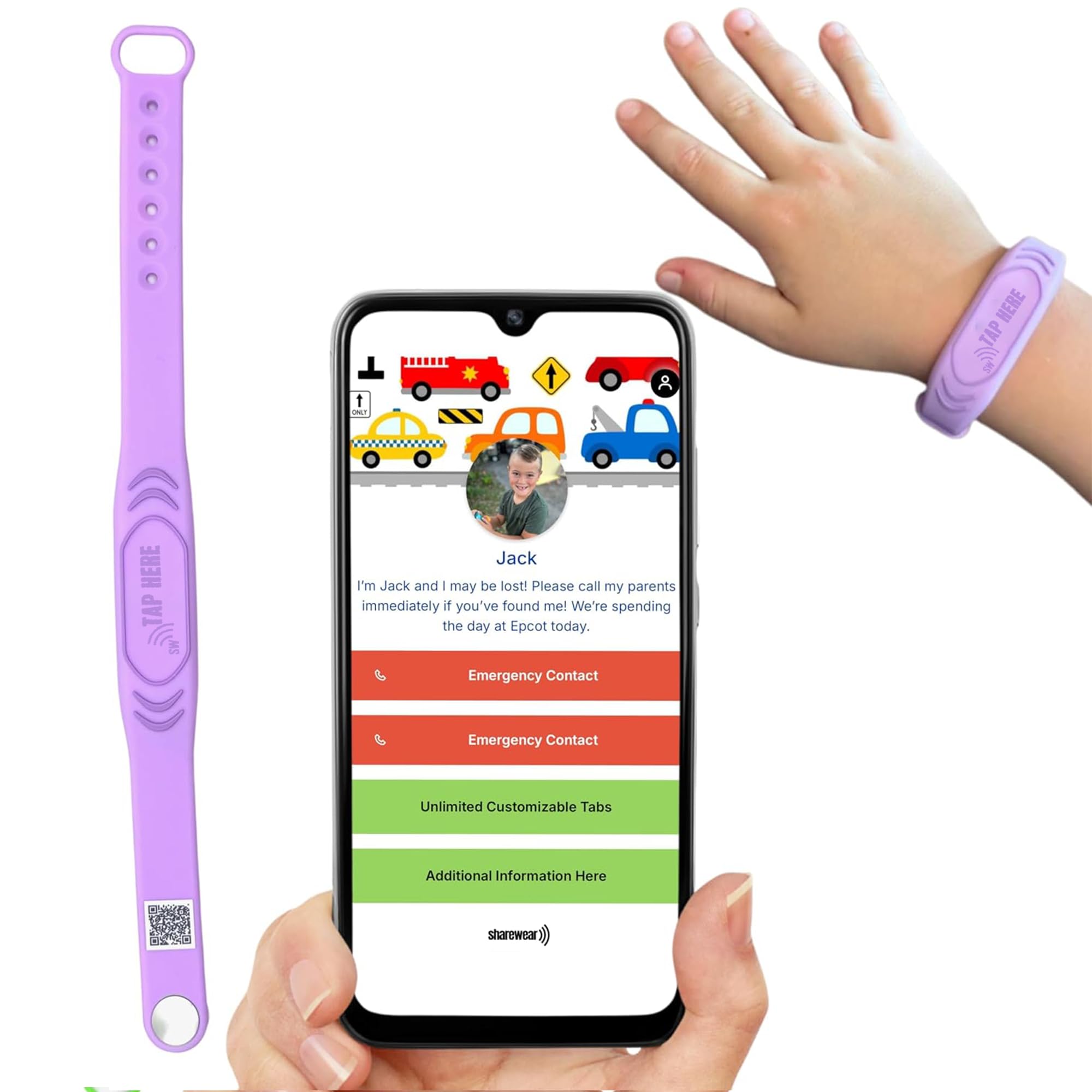 Correa inteligente ajustable para identificación de seguridad infantil: NFC y código QR, pulsera impermeable, perfil digital gratuito, cuztomizable, no necesita suscripciones. Viajes,