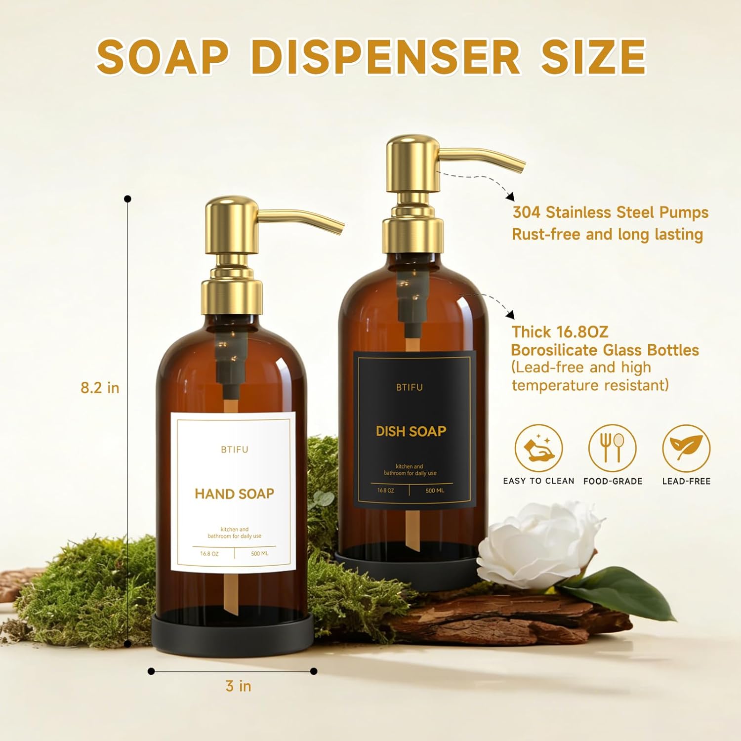 Kitchen Soap Dispenser Set – 16.8oz/500ml Glass Hand and Dish Soap Dispenser with Stainless Steel Pumps & Non-Slip Silicone Base, Modern Decor for Home, Airbnb, Office (Amber & Gold)