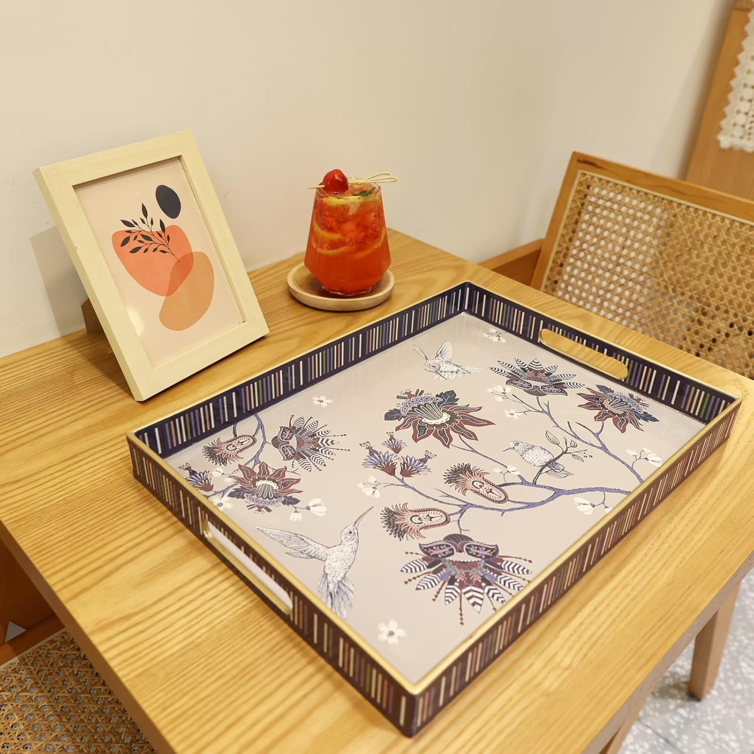 Rectangle Plastic Serving Tray with Handles, Elegant Decorative Tray for Coffee Table, Ottoman, Living Room, Kitchen, Outdoor Use. 12"*16"*1.6" A - Image 5