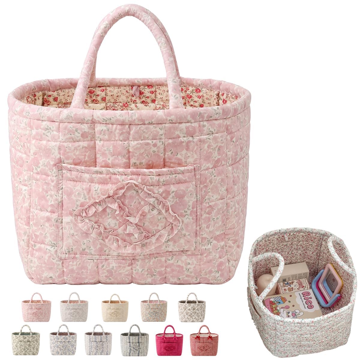 LKHYUKU Women's Large Capacity Quilted Car Storage Basket Tote Bag Foldable Washable Multifunctional Diaper Organizer for Moms Daily Use，floral pink