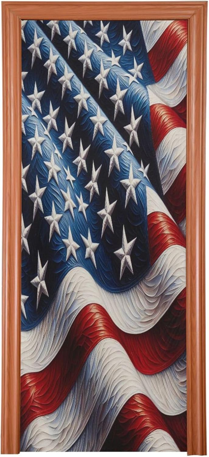 American Flag Flying Door Cover Stretchy Fabric Front Door Covers for Festive Party Holidays Home Decor, 32" x 79"