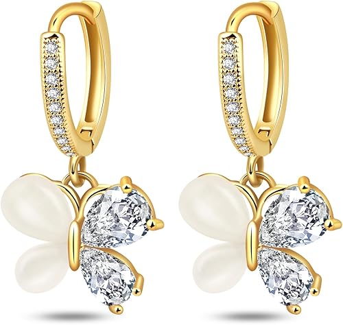 Butterfly Hoop Earrings, Cat's Eye Gemstone Huggie Earrings for Teen Girls, 14k Gold Plated Dangle Earrings for Women