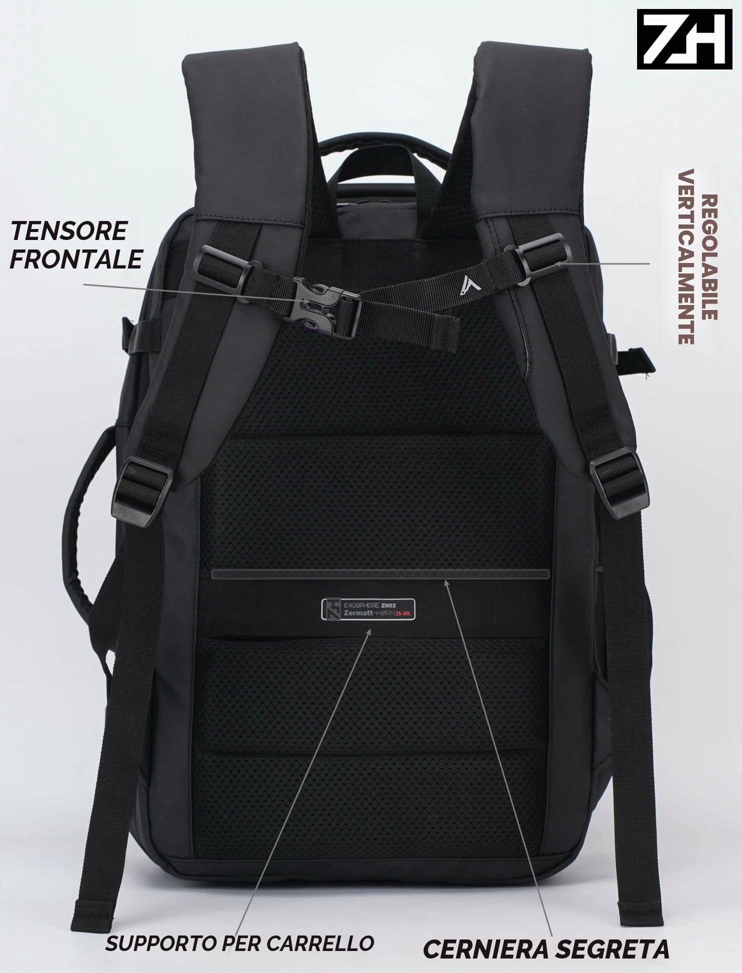 +ZERMATT-HORN Zaino da viaggio sottovuoto. Estensibile 25L a 30L, laptop da 15" a 17". Zaino da bagaglio a mano 40 x 30 x 20 cabina per volo con Ryanair, Vueling, Easyjet, Travel Backpack cabin.