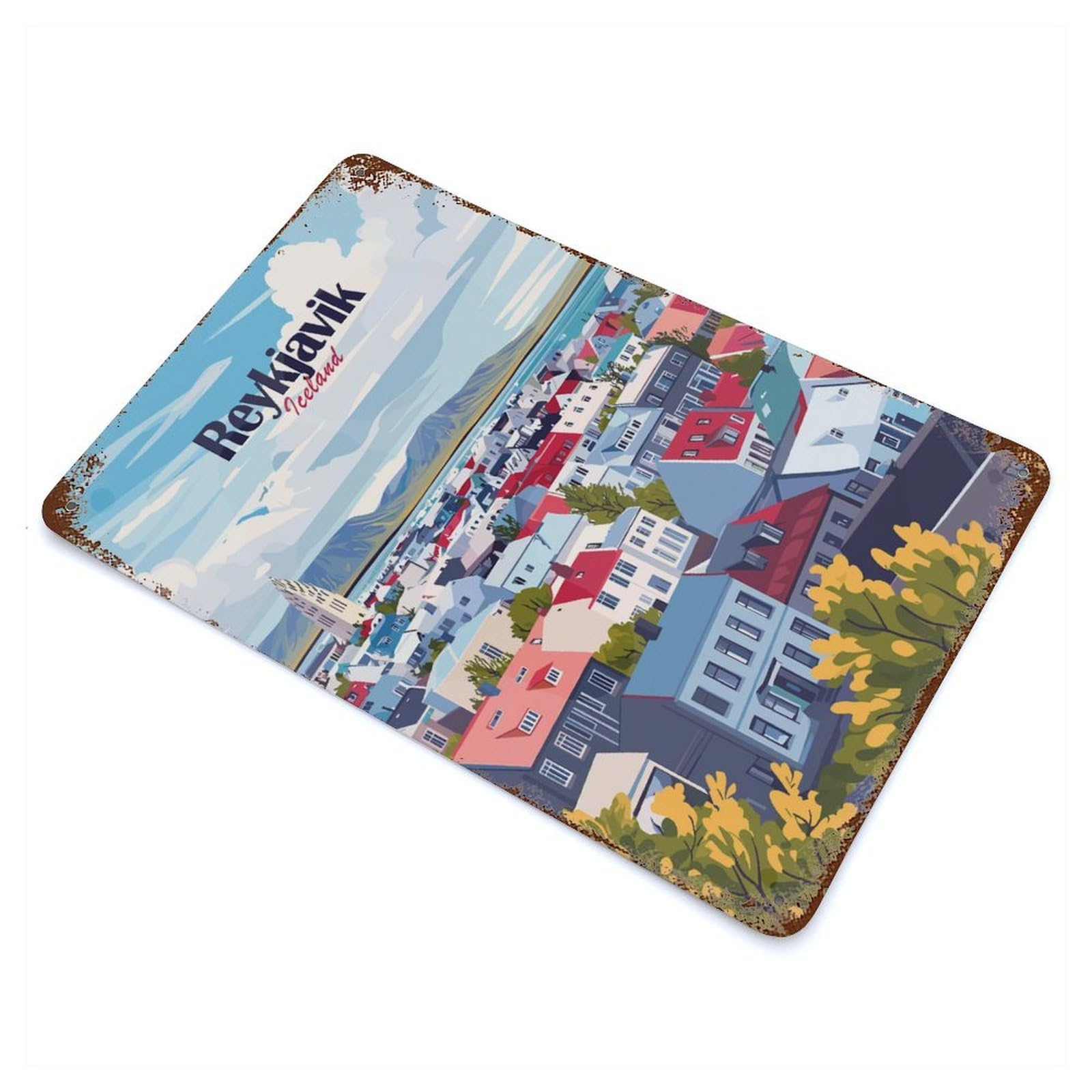 Reykjavik Cityscape Rusty Metal Tin Sign 11.8"x7.9", Farmhouse Wall Decor for Farmhouse, Kitchen And Entryway Decor