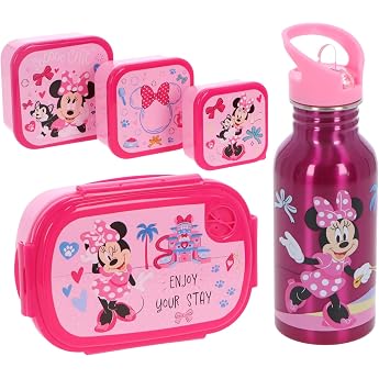 Minnie Mouse Lunch Set for Kids - 5-Piece with Lunch Box 3 Snack Boxes & Water Bottle - Pink Set for Girls - for School Nursery & Trips