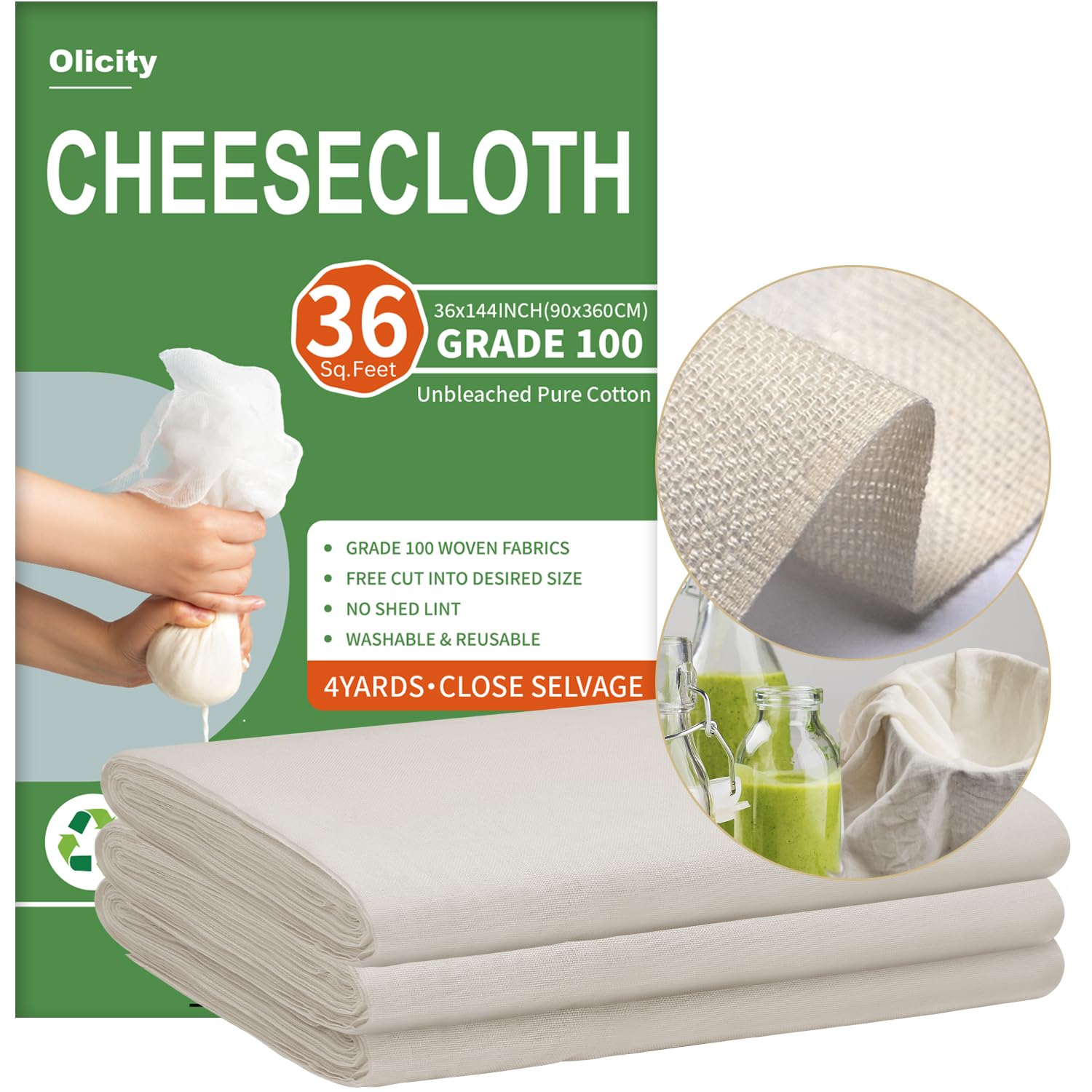 Olicity Cheese Cloths, Grade 100, 36 Sq Feet, Reusable Cheese Cloth