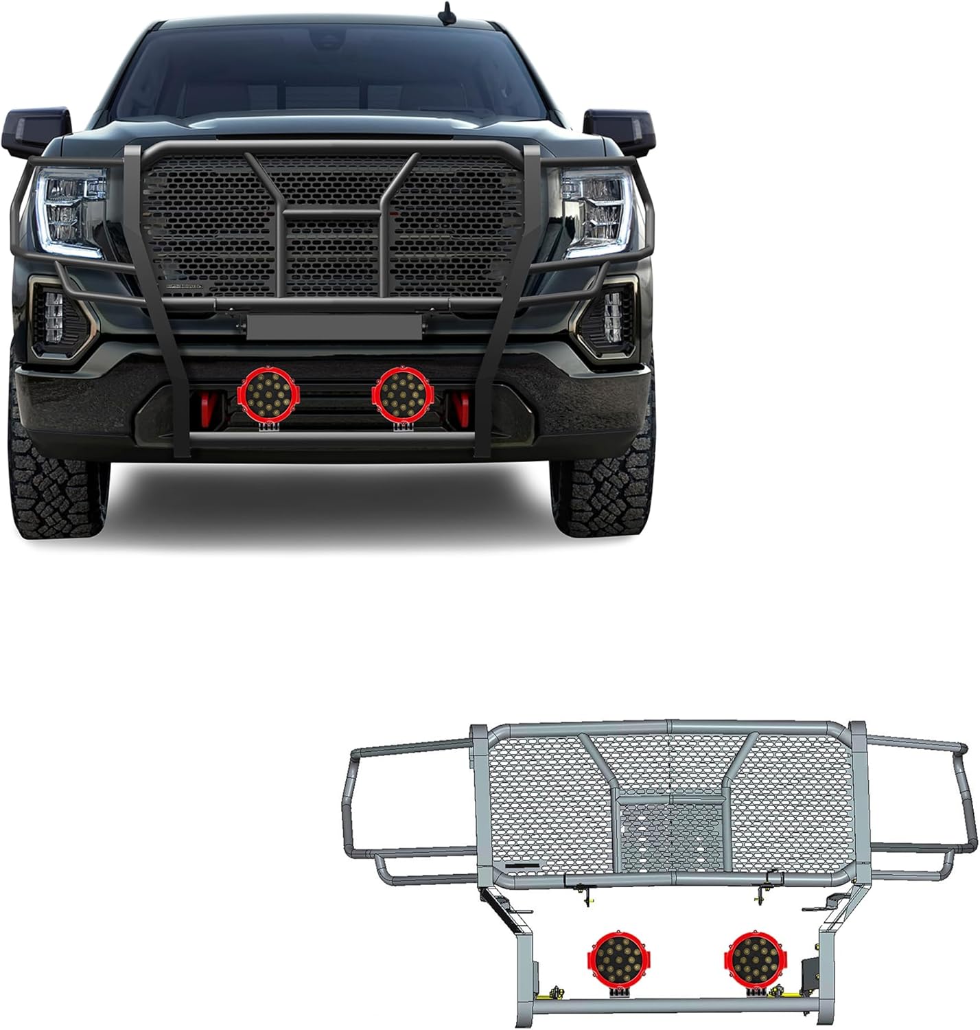 Black Horse Rugged Heavy Duty Grille Brush Bumper Guard Modular Black Come with Pair of 7.0" Dia.LED Lights with Red Trim Rings Compatible with 2019-2021 GMC Sierra 1500-RU-GMSI19-B-PLR