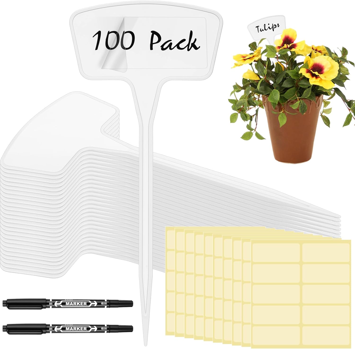 202 Pcs Large Plant Labels Kit 10.63 Inch Include 100 Outdoor White Plastic Plant Tags Waterproof Reusable Markers Stakes 100 PET Films and 2 Marker Pens for Garden Herbs Flowers Pot