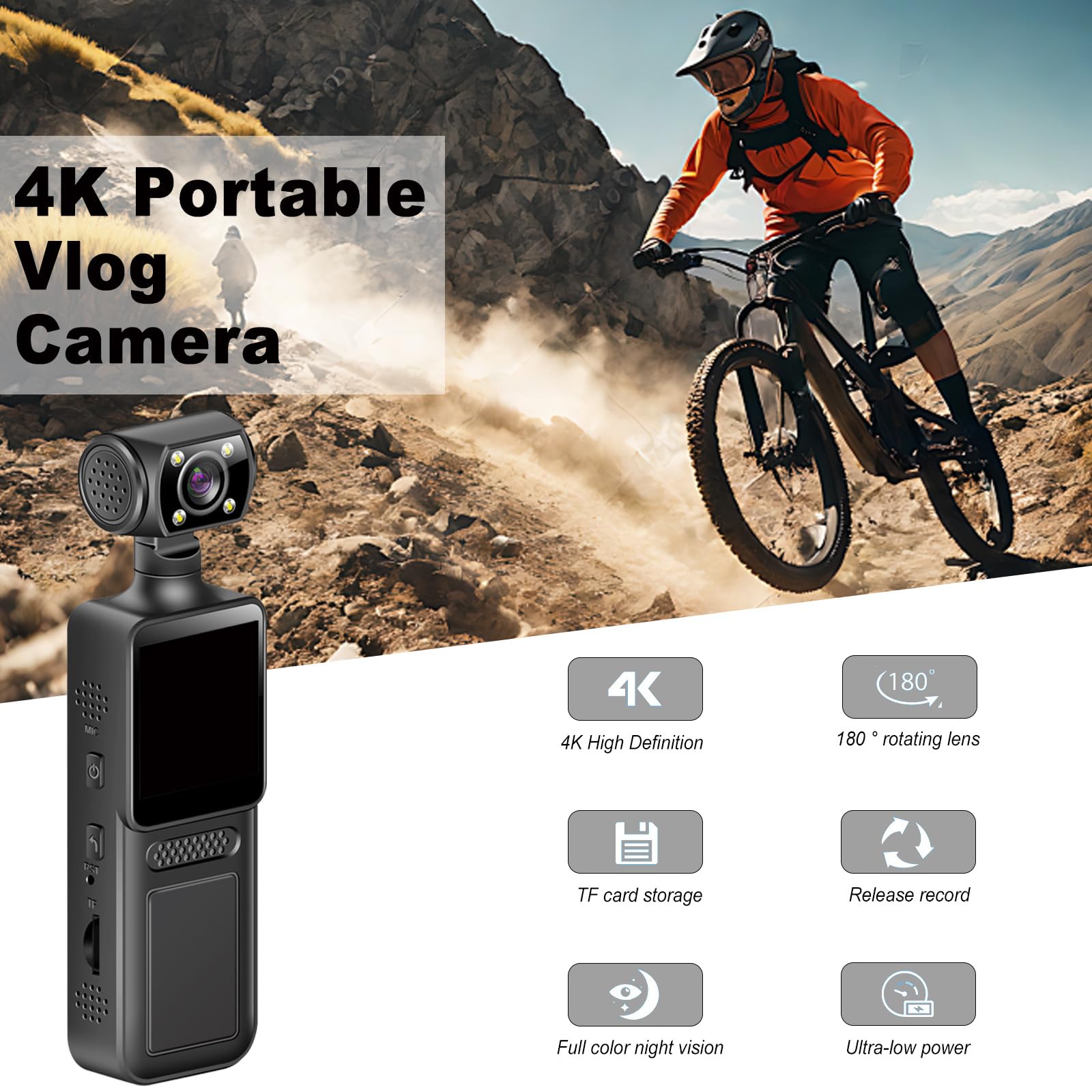 4K Körperkamera, POV/Vlog/Pocket Kamera mit 180° Drehbares Objektiv, Tragbare Body Camera, Pocket Kamera für Sport im Freien, Fahrrad, Reisen, Polizei, Outdoor & Beruf